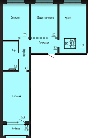 Планировка 3-комн 77,4 м²