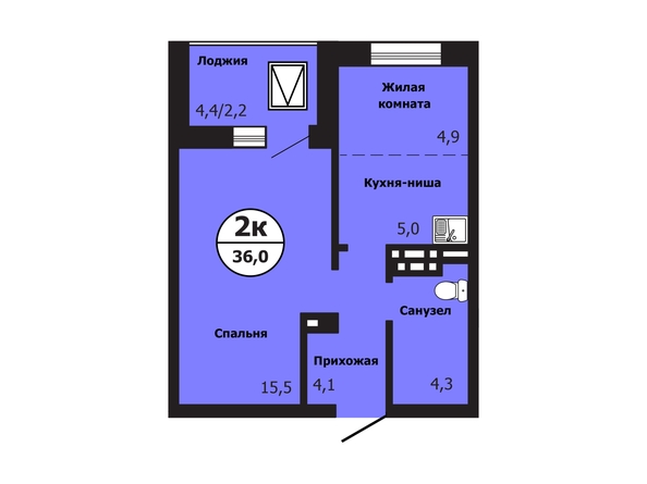 Планировка 2-комн 36 м²