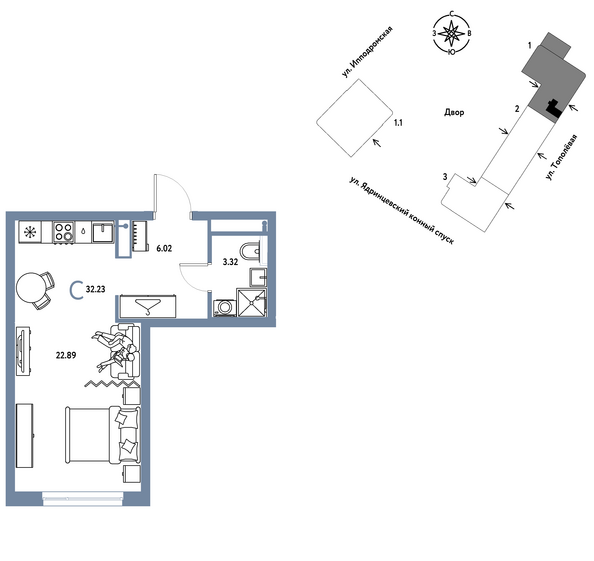 Планировка Студия 32,23, 32,81 м²