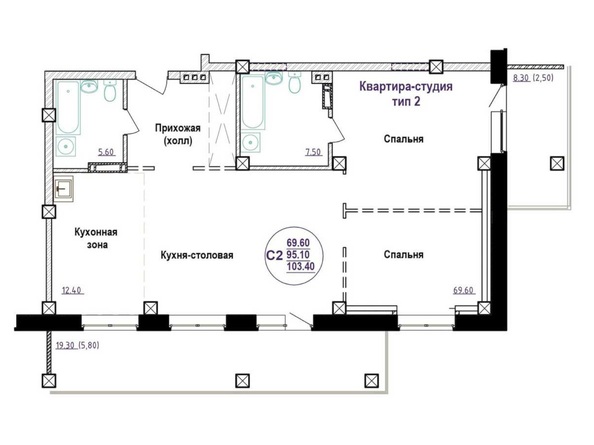 Планировка 2-комн 103,4 - 106,98 м²