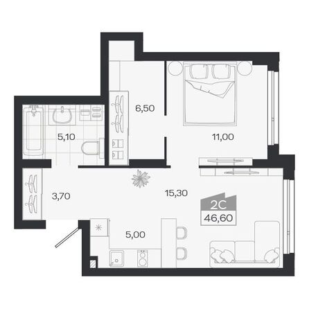Планировка 2-комн 46,6 м²