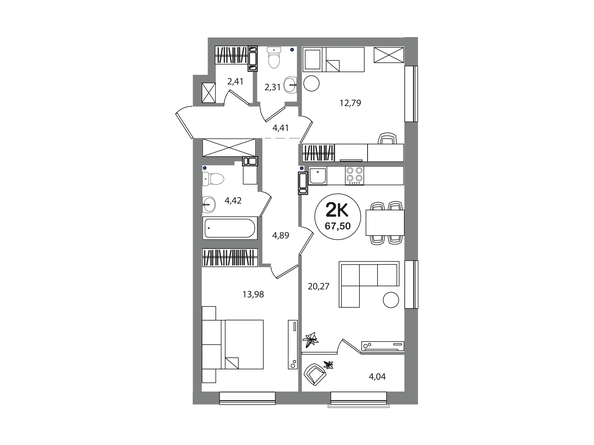 Планировка 2-комн 67,5, 68 м²