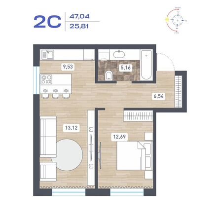 Планировка 2-комн 47,04 м²