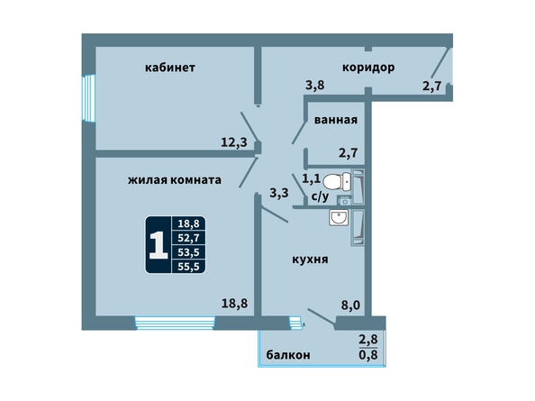 Планировка 1-комн 55,5 м²
