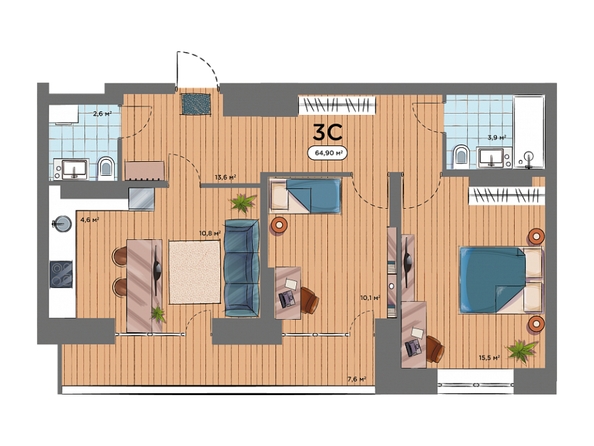 Планировка 3-комн 64,9 м²