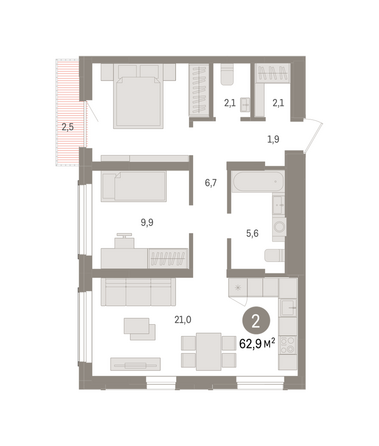 Планировка 2-комн 62,92, 62,93 м²