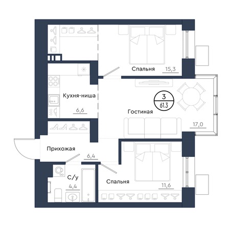 Планировка 3-комн 61,3 м²