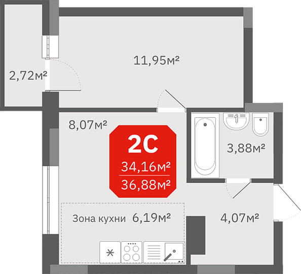 Планировка 2-комн 34,16 м²