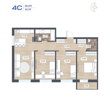 Планировка 4-комн 80,99, 81,09 м²