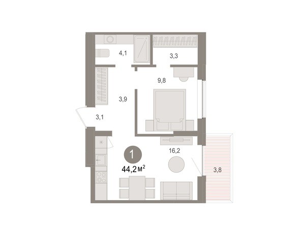 Планировка 1-комн 44,2 - 44,65 м²