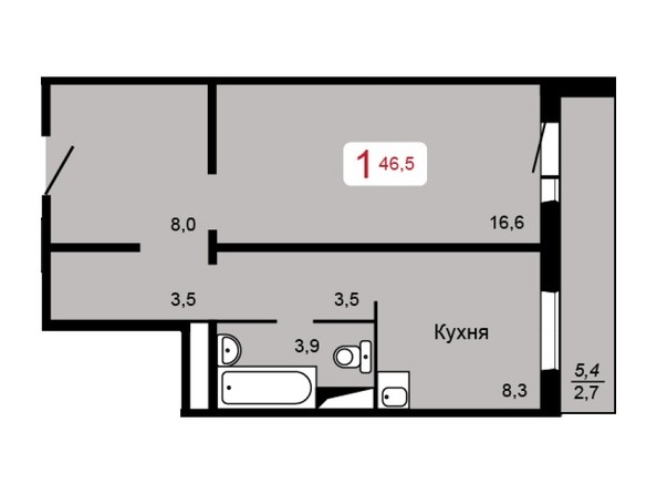 1-комнатная 46,5 кв.м