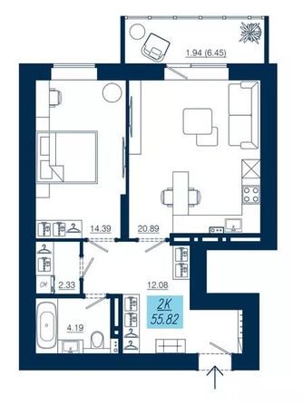 Планировка 2-комн 55,82 м²