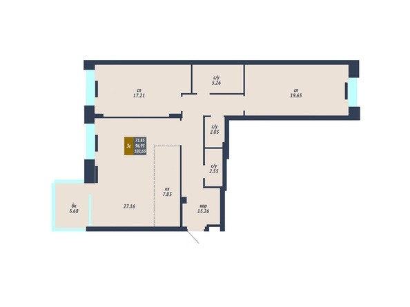 Планировка 3-комнатной квартиры 96,95-98,04 кв.м