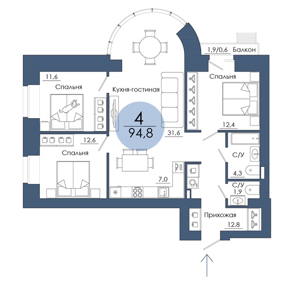Планировка 4-комн 94,8 м²