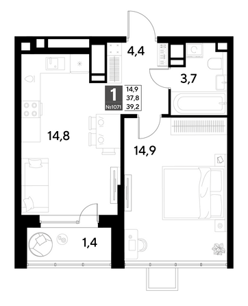 Планировка 1-комн 39,2 м²
