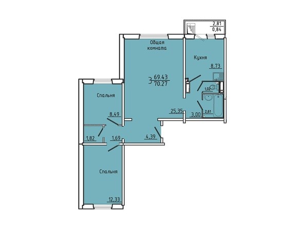Планировка трехкомнатной квартиры 70,27 кв.м