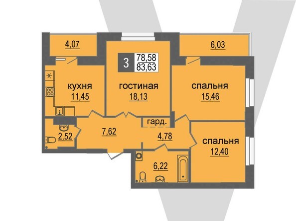 Планировка 3-комнатной 83,63 кв.м