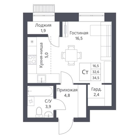 Планировка Студия 34,5 м²