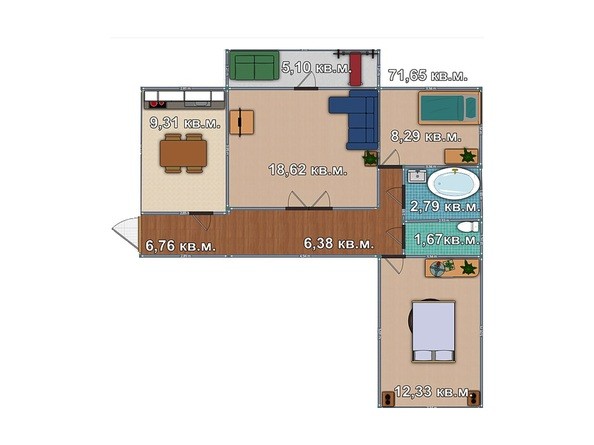 Планировка 3-комнатной квартиры 71,65 кв.м