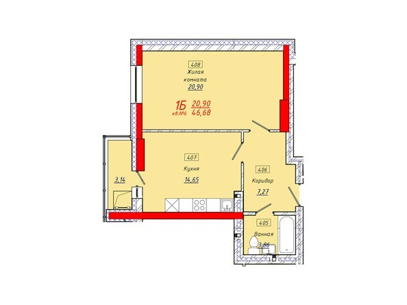 Планировка однокомнатной квартиры 46,68 кв.м.