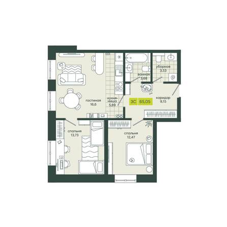 Планировка 3-комн 65,05 м²