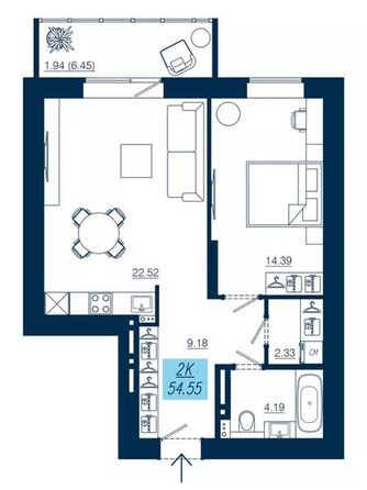 Планировка 2-комн 54,55 м²