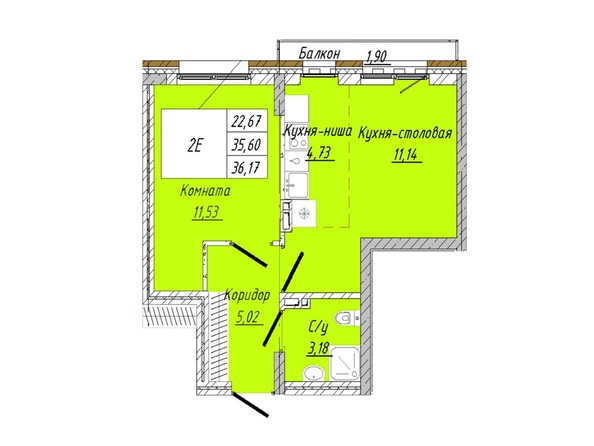 Планировка 1-комн 36,17 м²