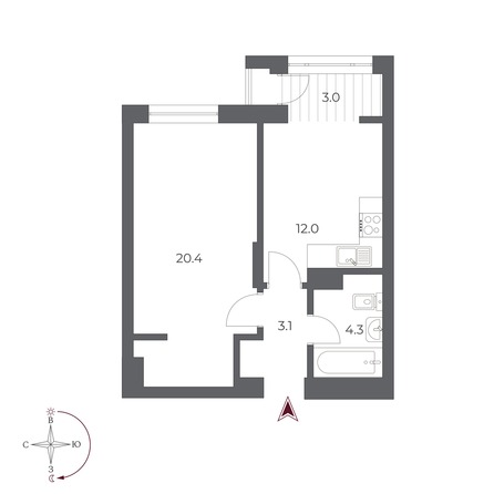 Планировка 1-комн 42,8 м²