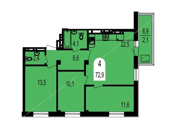 Планировка четырехкомнатной квартиры 72,9 кв.м