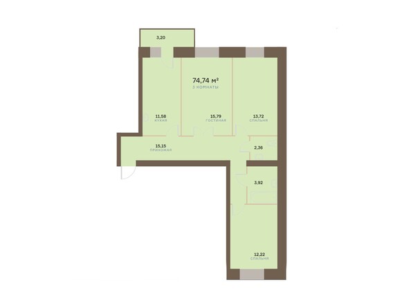Планировка трехкомнатной квартиры 74,74 кв.м
