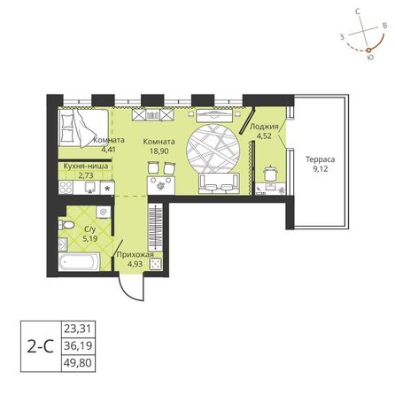 Планировка 2-комн 36,16 м²