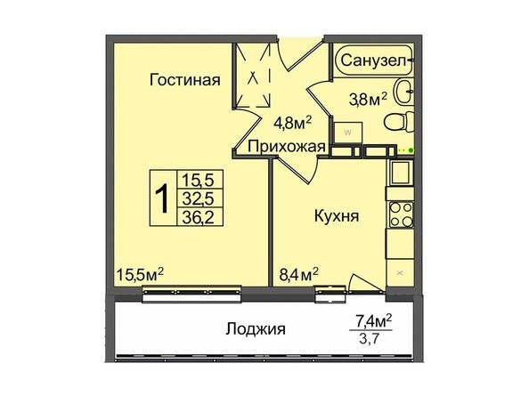 1-комнатная 36,2 кв.м