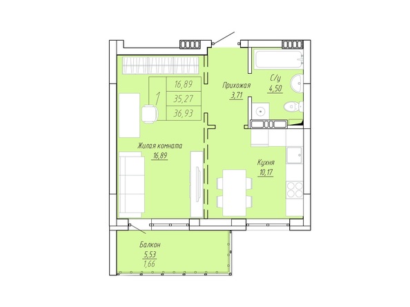Планировка 1-комн 36,93 - 37,09 м²