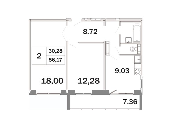 Планировка двухкомнатной квартиры 56,17 кв.м