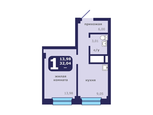 Планировка 1-комн 32,04 м²