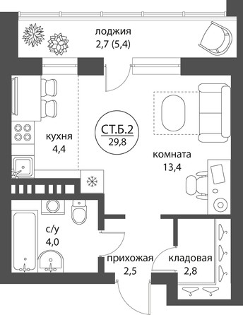Планировка Студия 29,7 - 30,9 м²