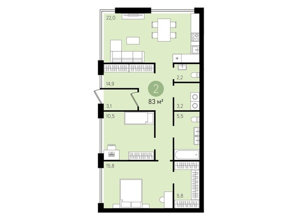 Планировка 2-комнатной квартиры 133,6 кв.м
