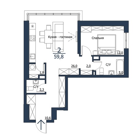 Планировка 2-комн 59,8, 59,9 м²