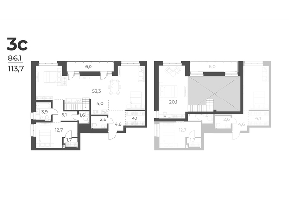 Планировка 3-комн 111,3, 113,7 м²