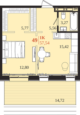 Планировка 1-комн 57,54, 57,55 м²