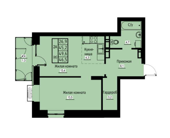 Планировка 2-комн 46,5 м²