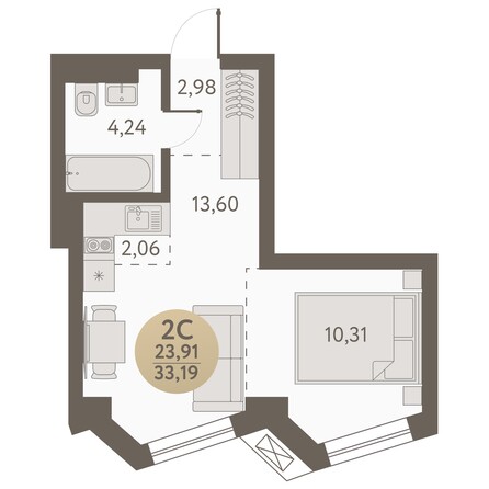 Планировка 2-комн 33,19 м²