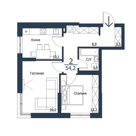 Планировка 2-комн 54,2 м²