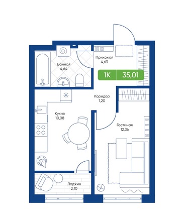Планировка 1-комн 35,01 - 35,38 м²