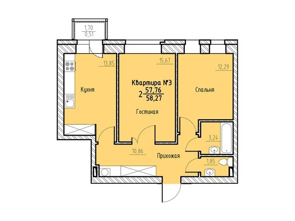 Планировка двухкомнатной квартиры 58,27 кв.м