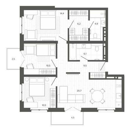Планировка 4-комн 88,89 м²