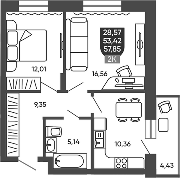 Планировка 2-комн 53,42 м²