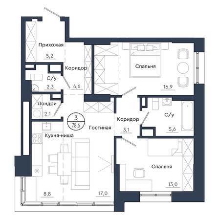 Планировка 3-комн 78,6, 78,8 м²