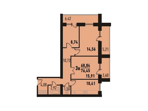 Планировка трёхкомнатной квартиры 76,45 кв.м