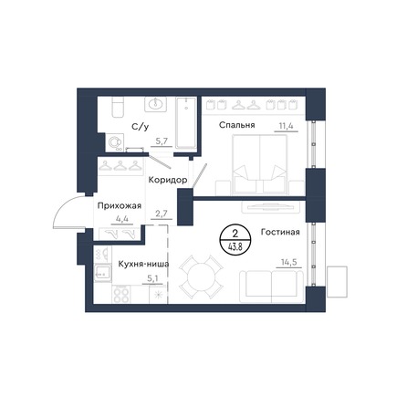 Планировка 2-комн 43,8 м²
